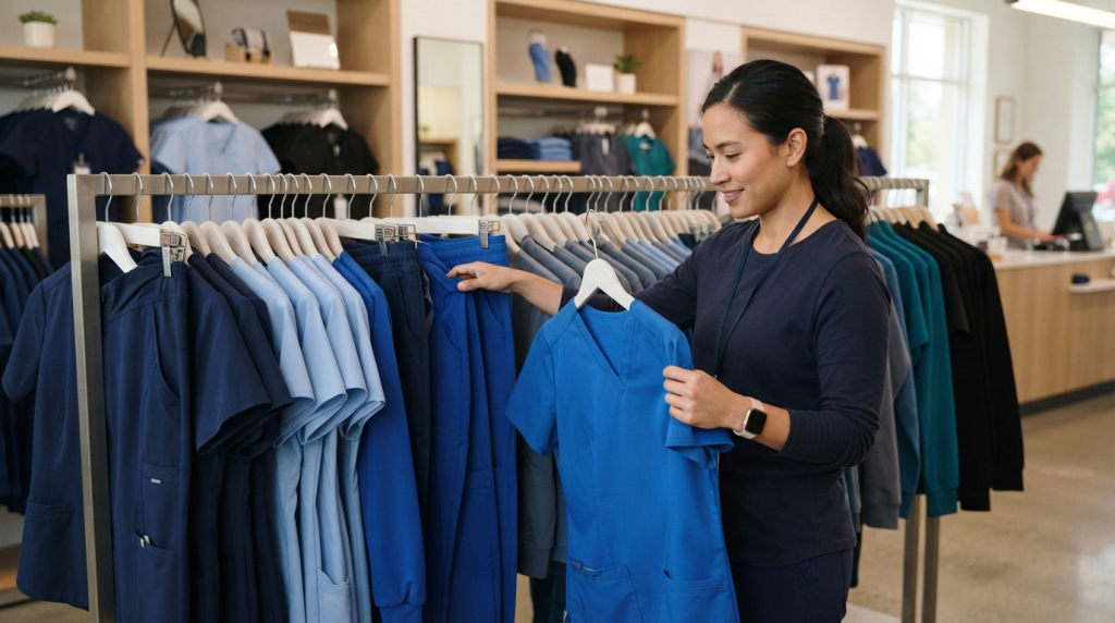 Healthcare worker comparing matching and mix-and-match scrub uniform sets by color and style
