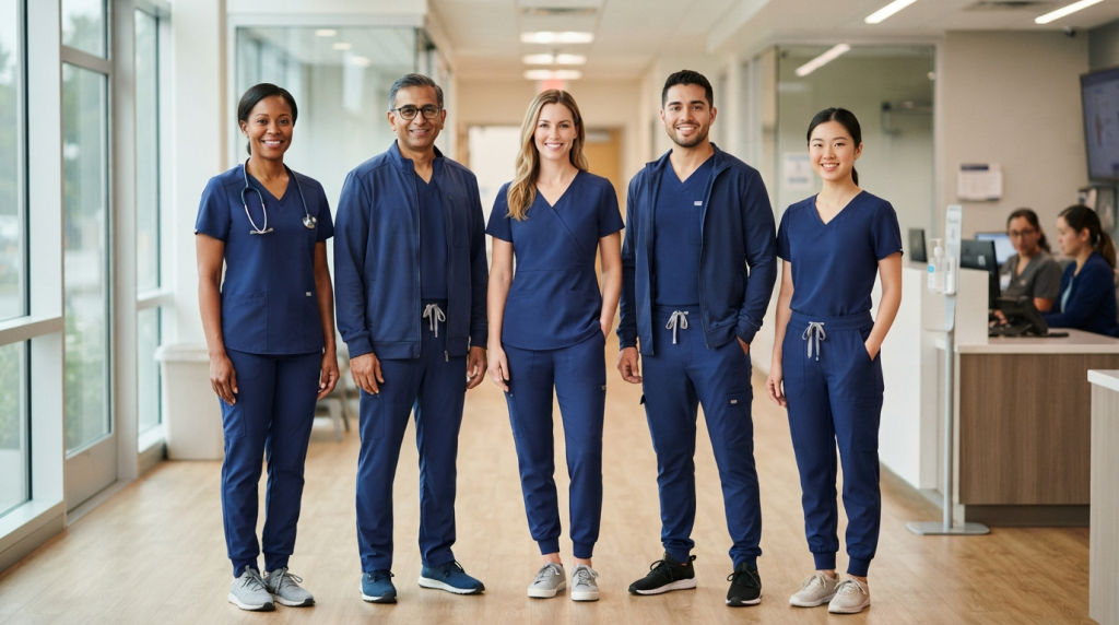 Coordinated healthcare team wearing different EPIC scrub uniform sets in matching clinic colors