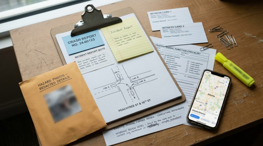 Atlanta injury claim liability file with crash report incident report photos witness cards road layout hazard notes and insurance review checklist