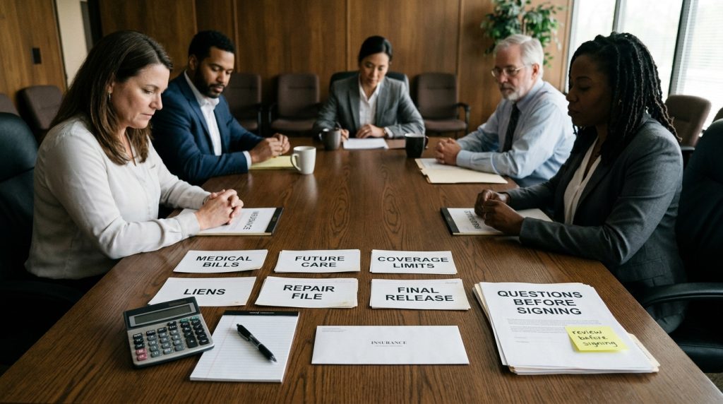 Georgia injury settlement release review board with medical bills future care lost wages policy limits liens final release and before signing checklist