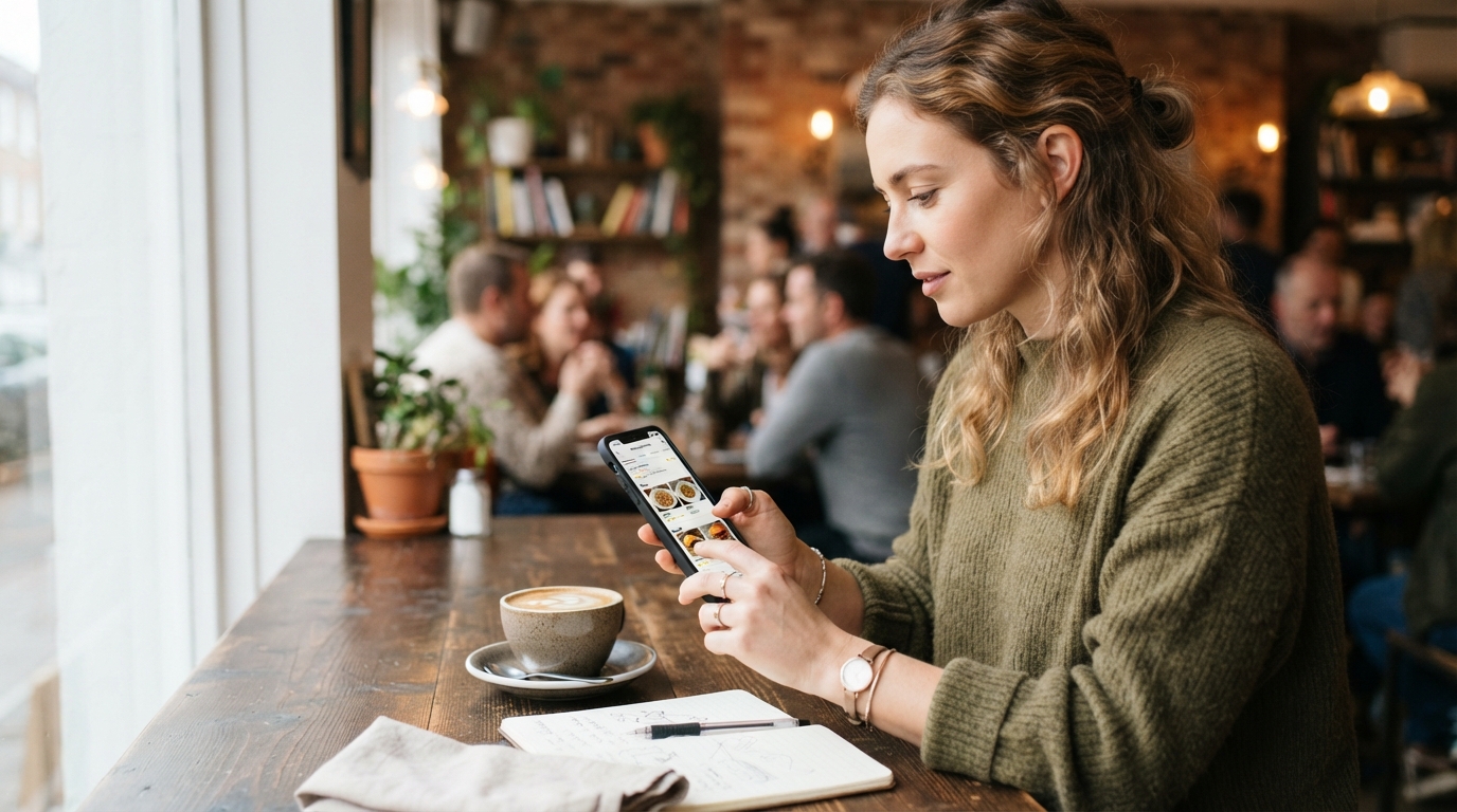 Person checking restaurant reviews before choosing a dining location