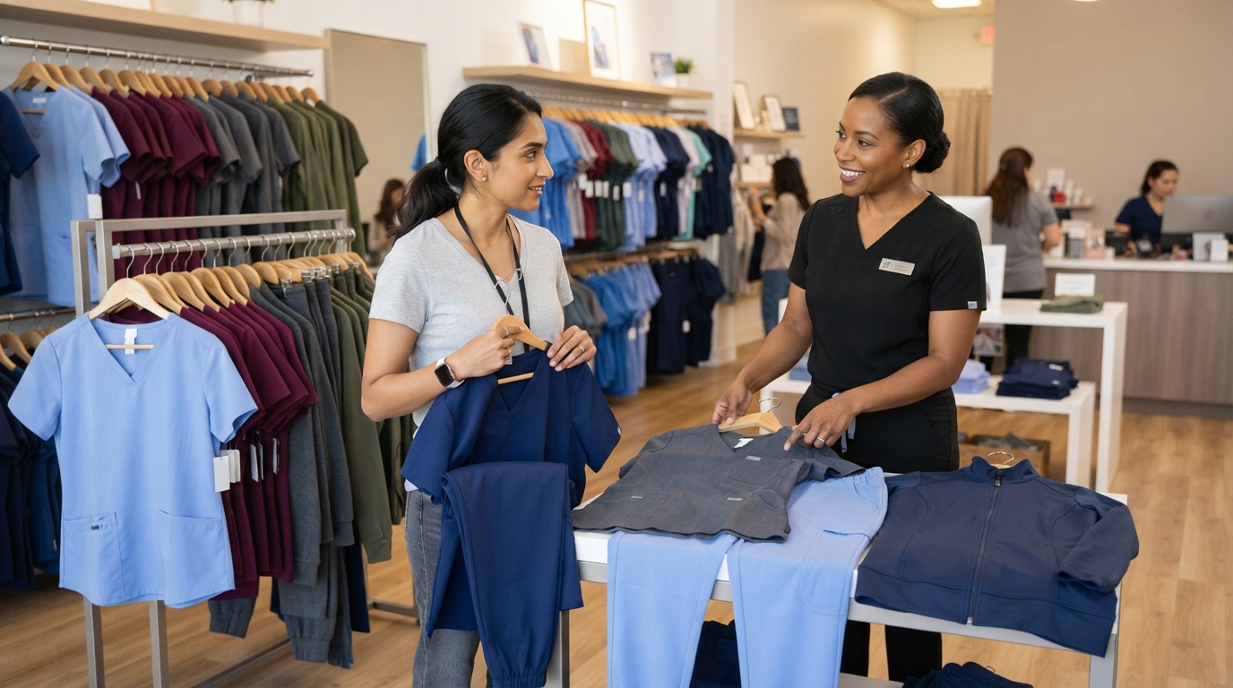 Healthcare professional choosing EPIC by IRG scrub colors and coordinated uniform sets in a medical apparel store
